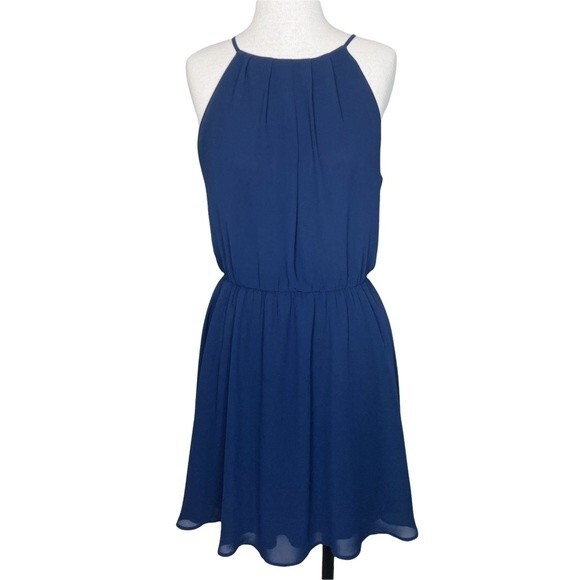 Lush Mini Dress sz M * Navy Blue Floaty High Neck Back Slit Short Dance Party - Picture 1 of 10